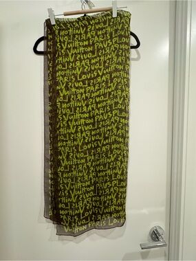 2/$75 Curated Luxury Olive Green and Brown Logo Print Scarf Wrap